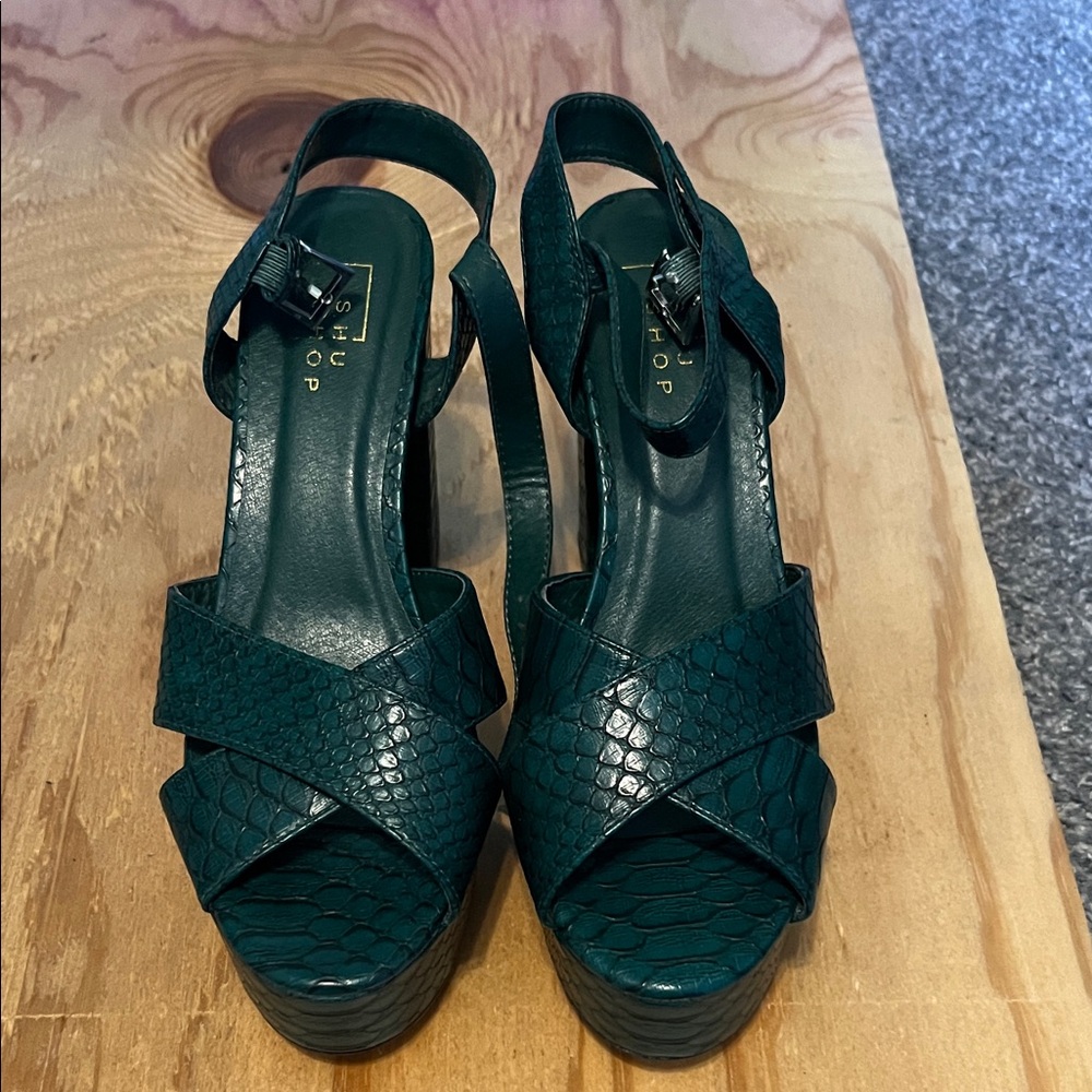 ShuShop Teal Snake-Embossed Platform Heels - Picture 3 of 4